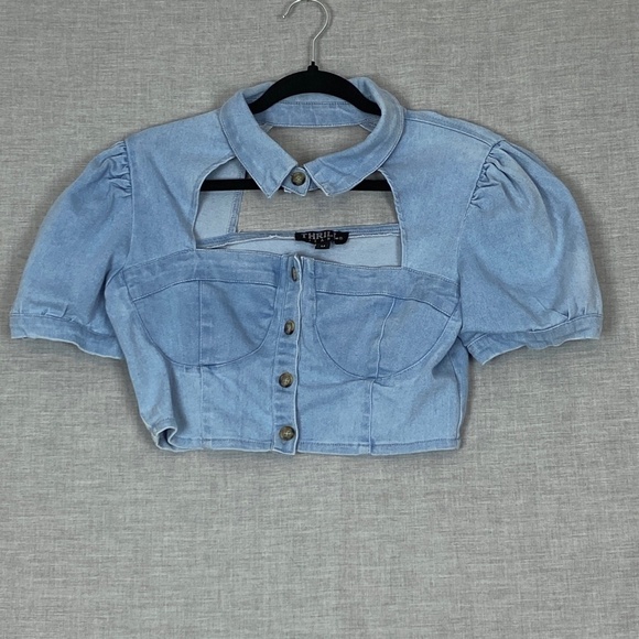 Thrill Jeans Denim Crop Top Sz Medium Button Collar Chest Cut Out - Picture 6 of 6